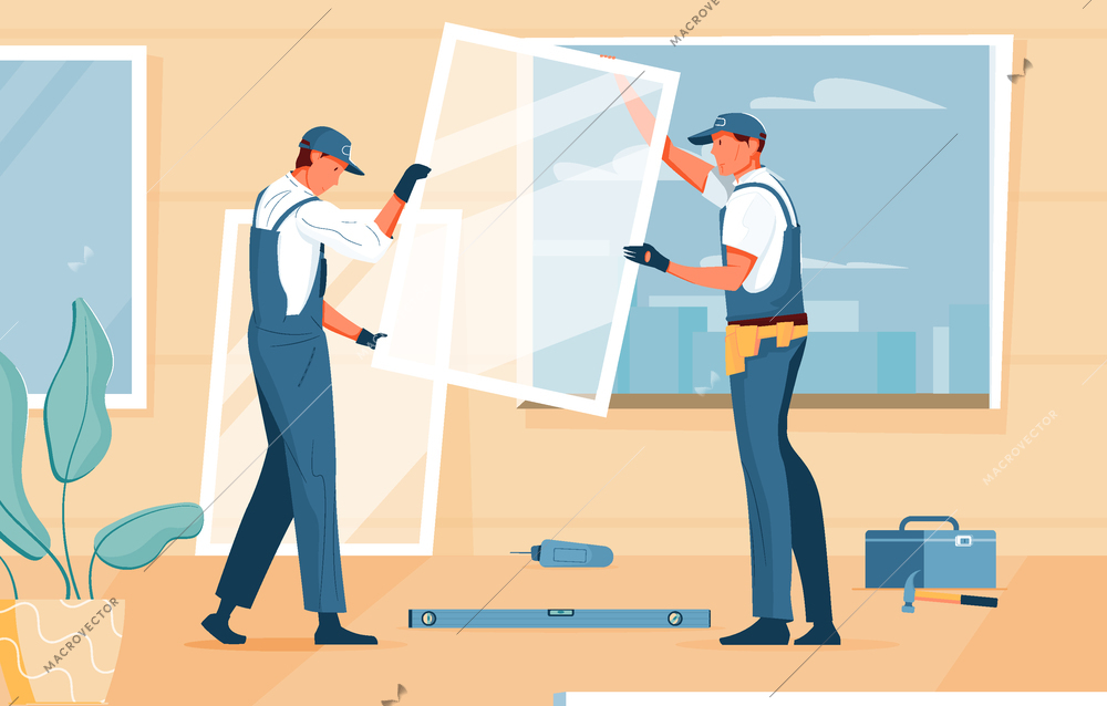 Plastic windows installation flat composition with two mens a setting windows at the apartment vector illustration