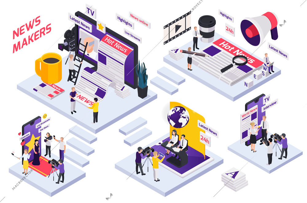 Journalistis reporters news media isometric concept with stairs news makers interview live streams and highlights descriptions vector illustration