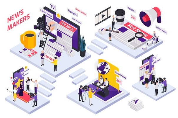 Journalistis reporters news media isometric concept with stairs news makers interview live streams and highlights descriptions vector illustration