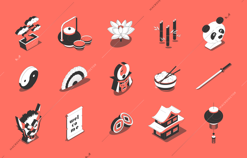 Chinese culture food traditions symbols isometric icons set with sushi tea ceremony yin yang temple vector illustration