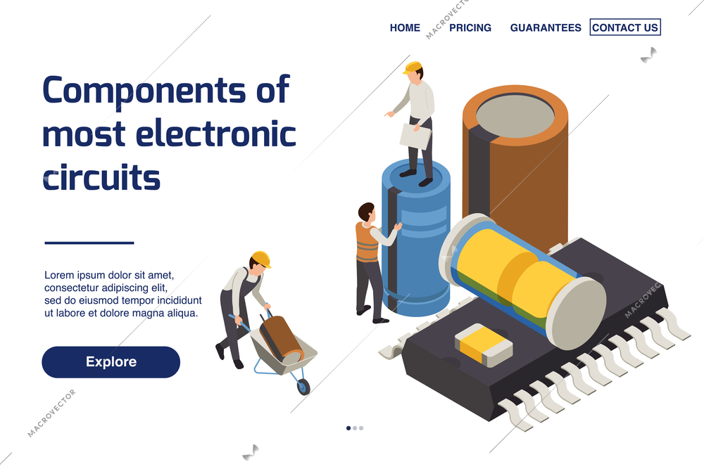 Semiconductor production page design with components of electronic circuits symbols isometric vector illustration