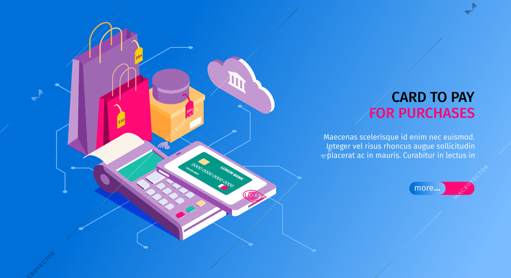 Online banking poster with card and purchase symbols isometric vector illustration