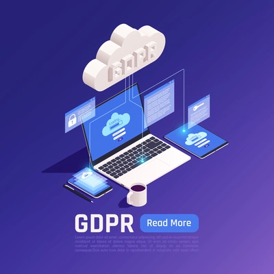 Privacy data protection gdpr isometric background with cloud pictogram connected with electronic devices with clickable button vector illustration