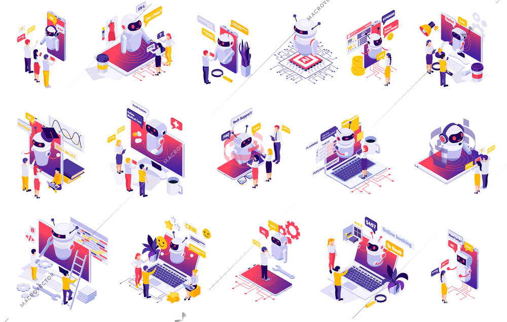 Chatbot messenger ai applications isometric set with personal time finance business manager bot creation isolated vector illustration