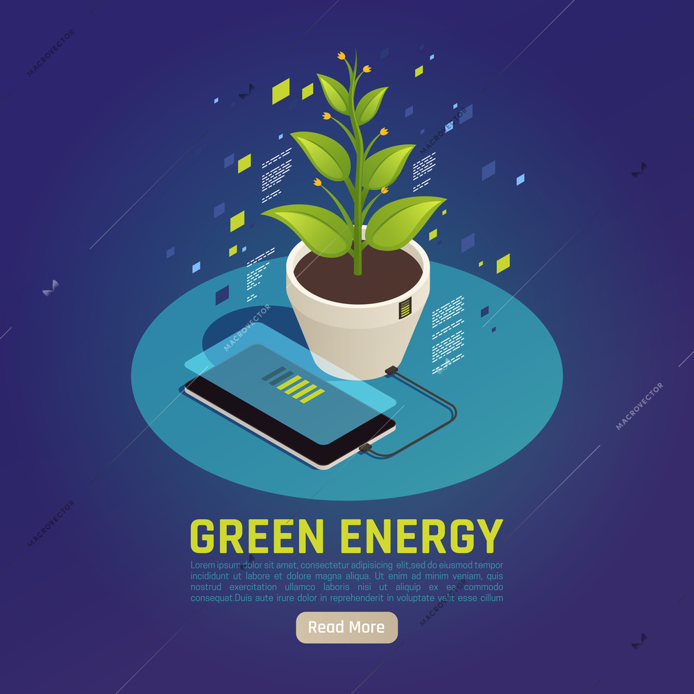 Green energy isometric composition with smartphone battery charging using plant leaves photosynthesis as power source vector illustration