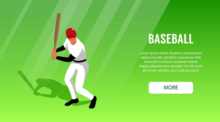 Horizontal banner with baseball hitter on green background 3d vector illustration