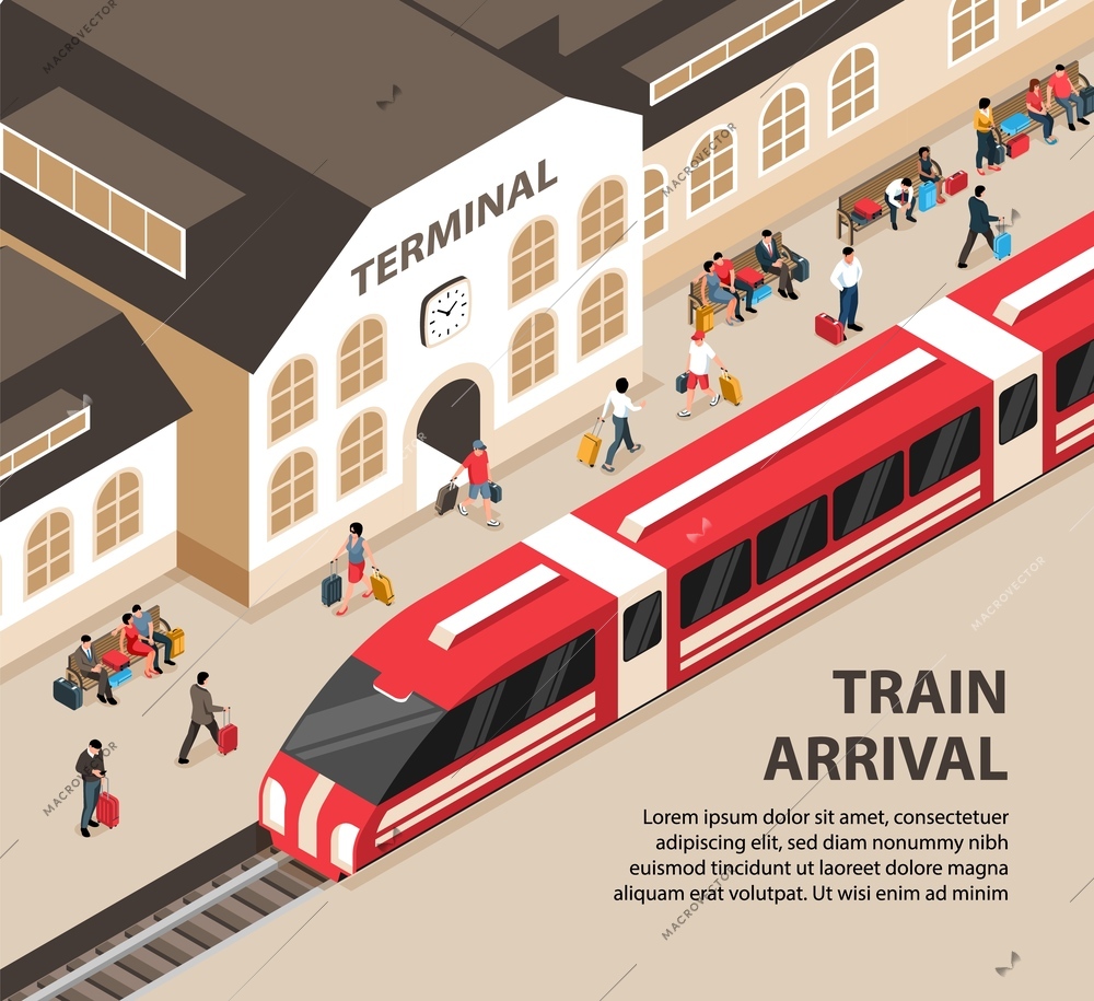 Arriving train railway station building and passengers with luggage 3d isometric vector illustration