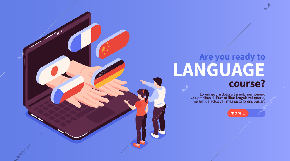 Online language courses website with french german japanese flags popping out laptop screen isometric banner vector illustration