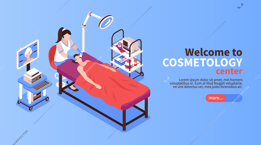 Isometric cosmetologist horizontal banners with text more button and images of medical apparatus during facelift procedure vector illustration