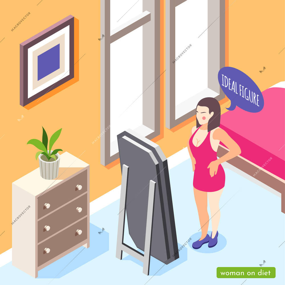 Woman on diet isometric background with bedroom interior indoor composition and female character looking in mirror vector illustration