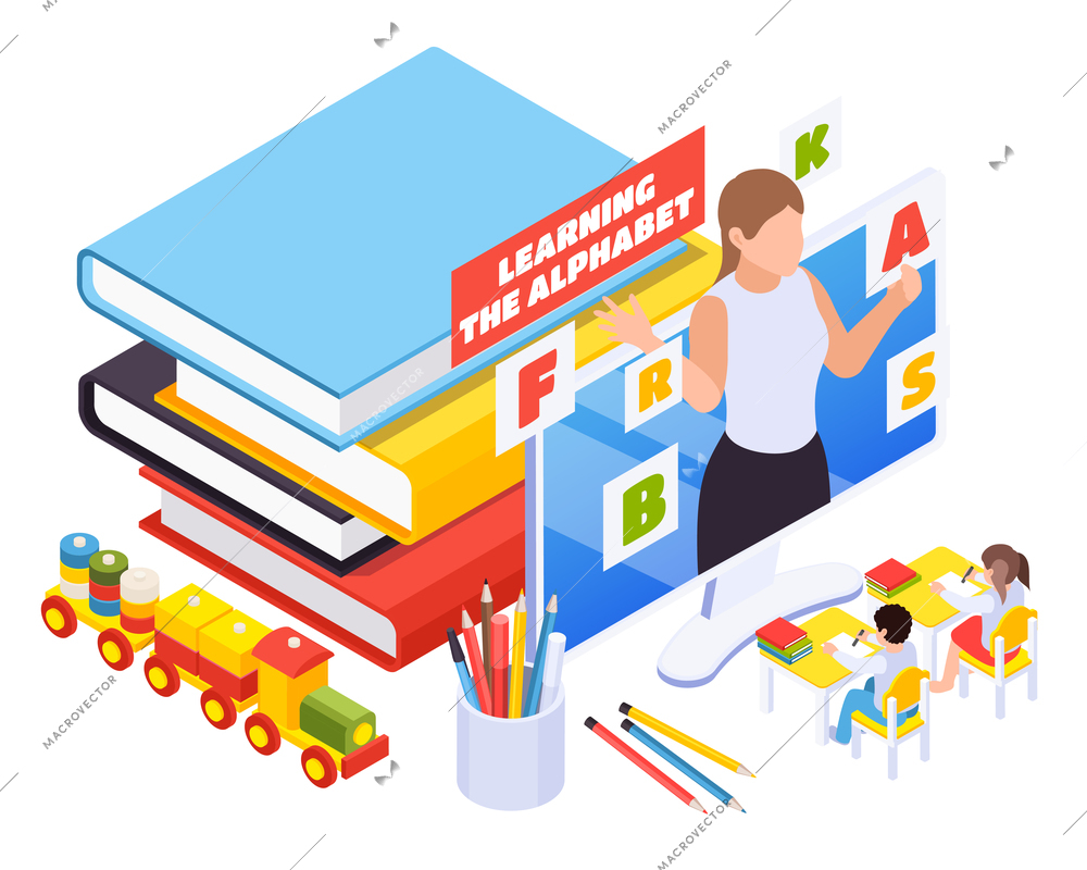 Kindergarten kids learning abc online isometric composition with teacher popping from desktop monitor books toys vector illustration