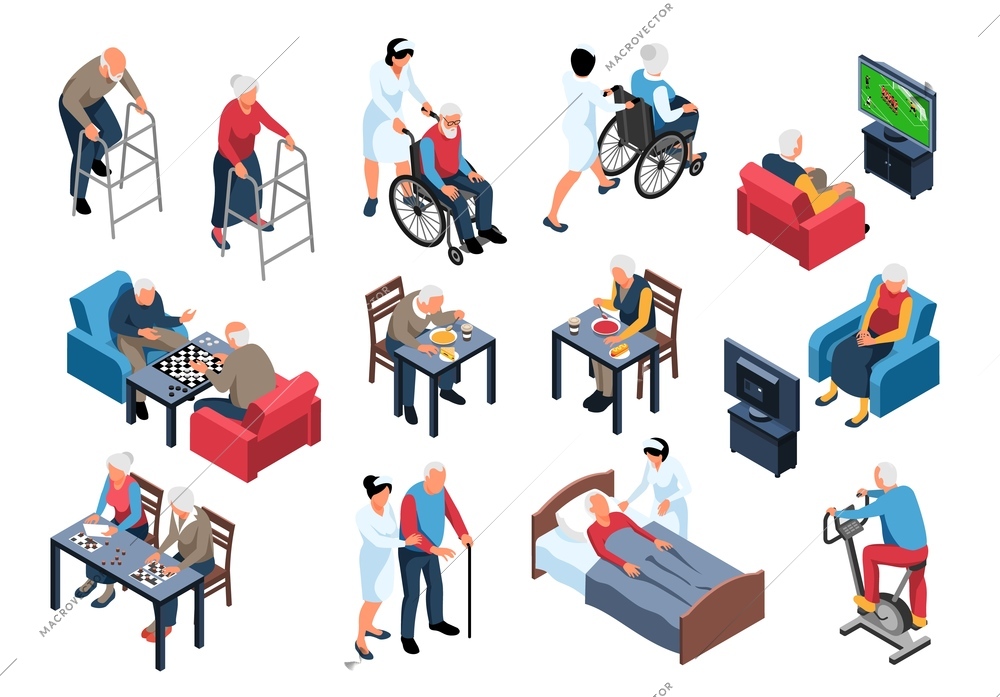 Nursing home elderly care isometric set with staff assisting residents with meals walking playing chess vector illustration