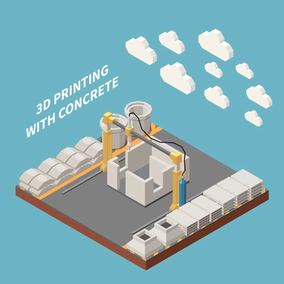 Concrete cement production isometric colored composition 3 d printing with concrete headline vector illustration