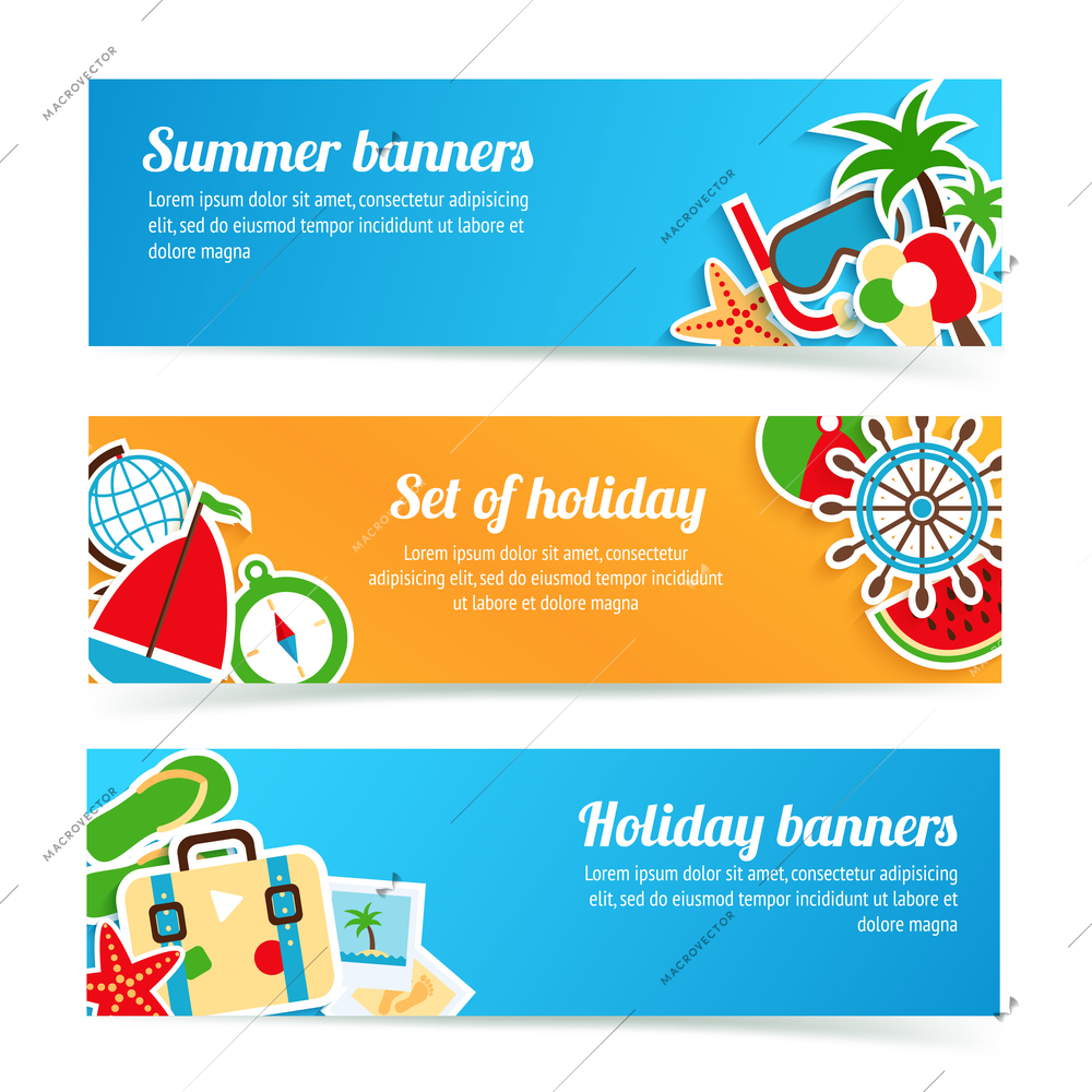 Holiday summer beach vacation tourism banner set isolated vector illustration