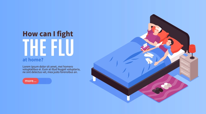 Isometric cold flu virus sick horizontal banner with characters of couple in bed having high temperature vector illustration