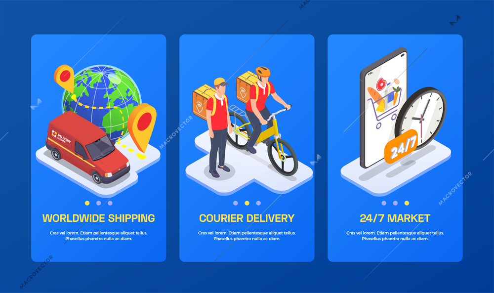 Delivery company service isometric set of three vertical banners with page switch buttons and editable text vector illustration