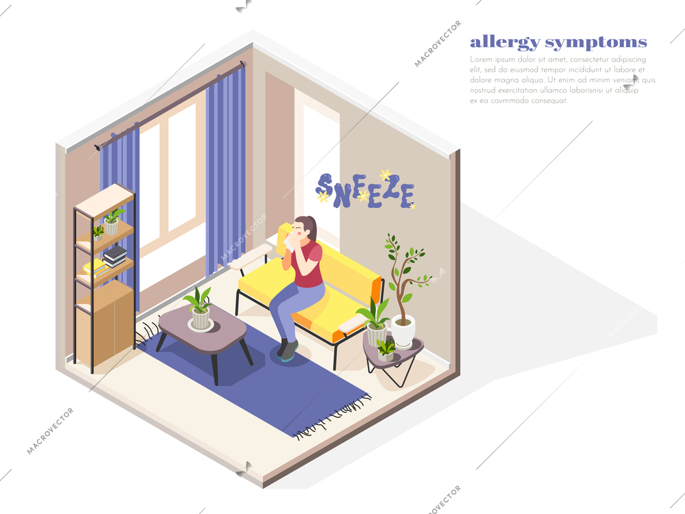 Allergy symptoms concept with allergens factors symbols isometric vector illustration