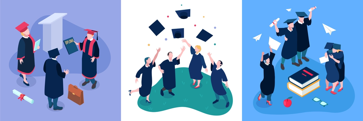 Graduating students design concept set with degree symbols isometric isolated vector illustration