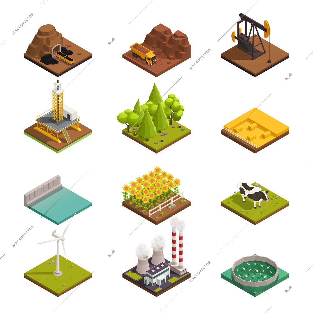 Natural resources isometric icons set with oil extraction coal mining harvesting crops wind turbine fishery vector illustration