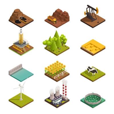 Natural resources isometric icons set with oil extraction coal mining harvesting crops wind turbine fishery vector illustration