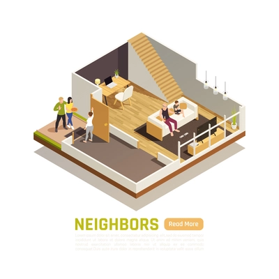 Two level house owners friendly relations with neighbors visiting with a treat isometric composition vector illustration