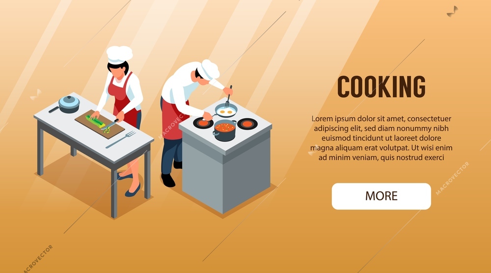 Isometric people cooking horizontal banner with editable text clickable more button and couple of cook characters vector illustration