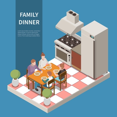 Isometric family leisure playing composition with family dinner headline and four people sitting at dining table vector illustration