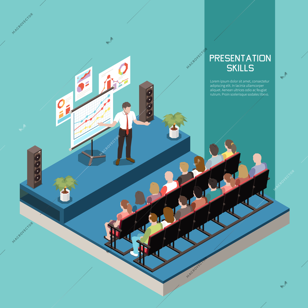 Soft skills isometric colored concept with presentation skills description and office meeting vector illustration