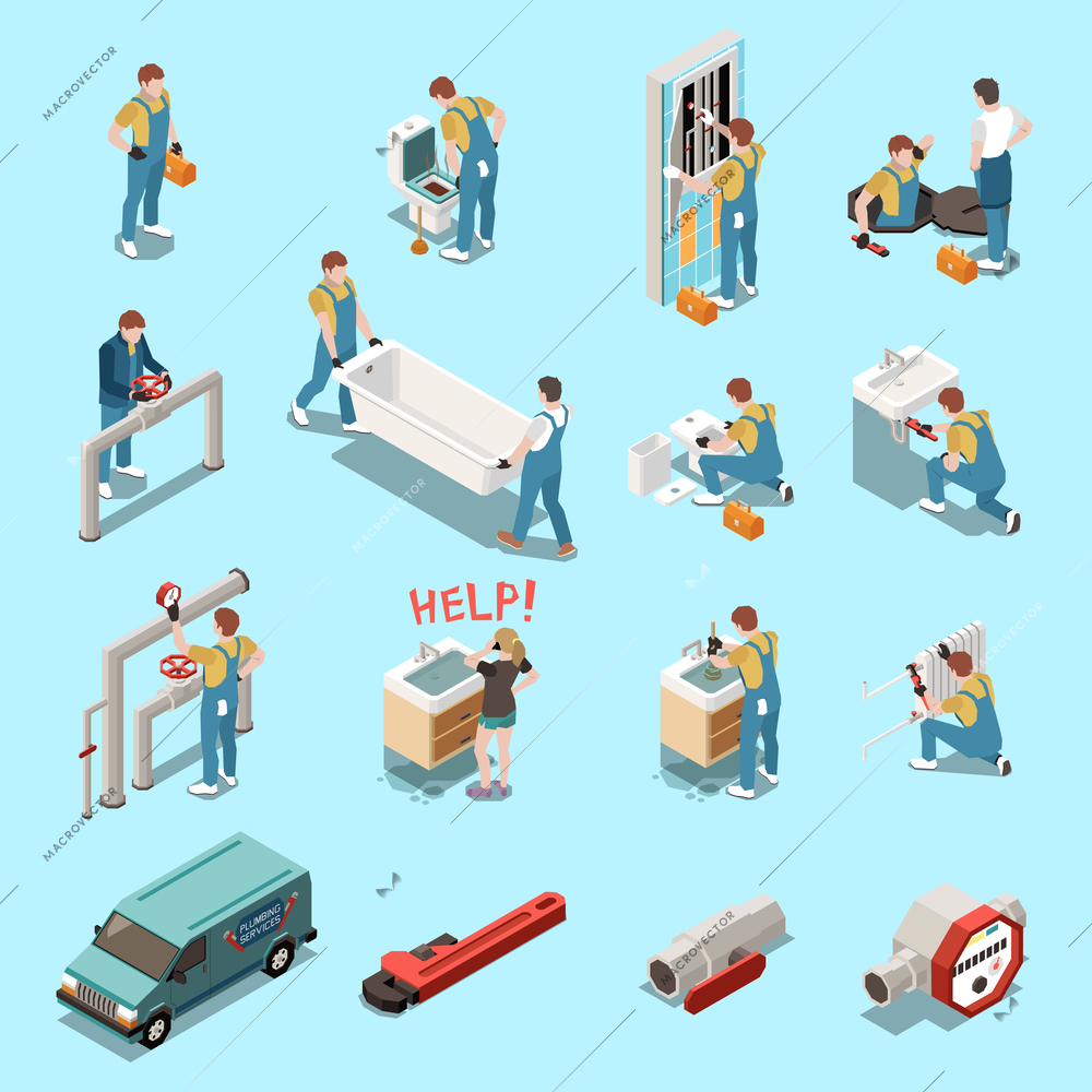 Plumber isometric icon set with isolated figures and elements equipment tools car and workers vector illustration