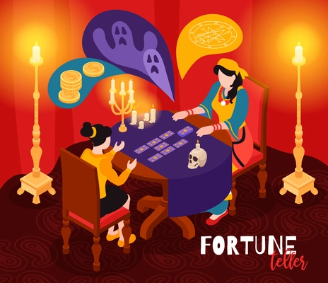 Isometric psychic fortune occult composition with indoor scenery of fortuneteller visit with table cards thought bubbles vector illustration
