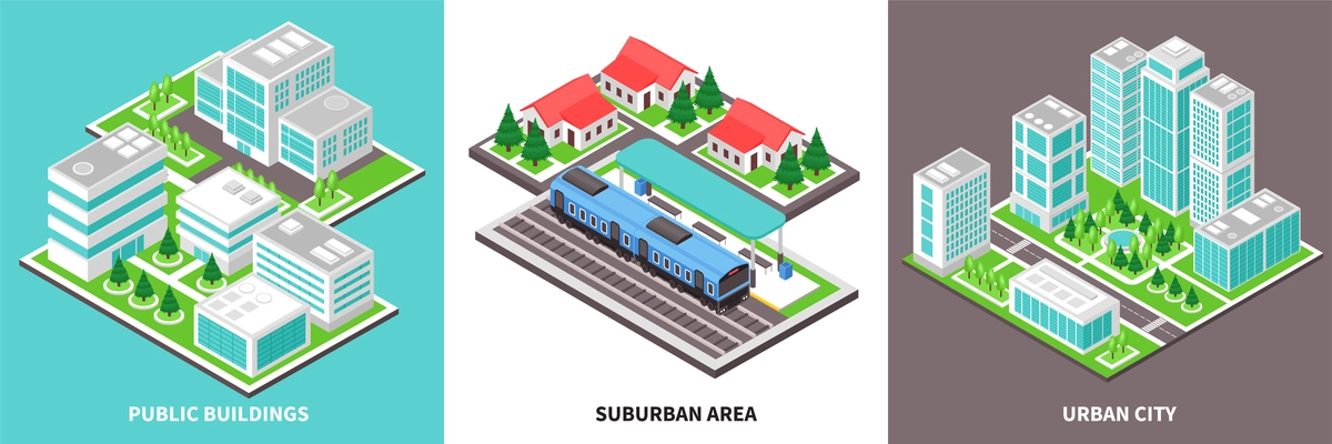 Isometric industrial city design concept with set of square compositions with modern town blocks and transport vector illustration