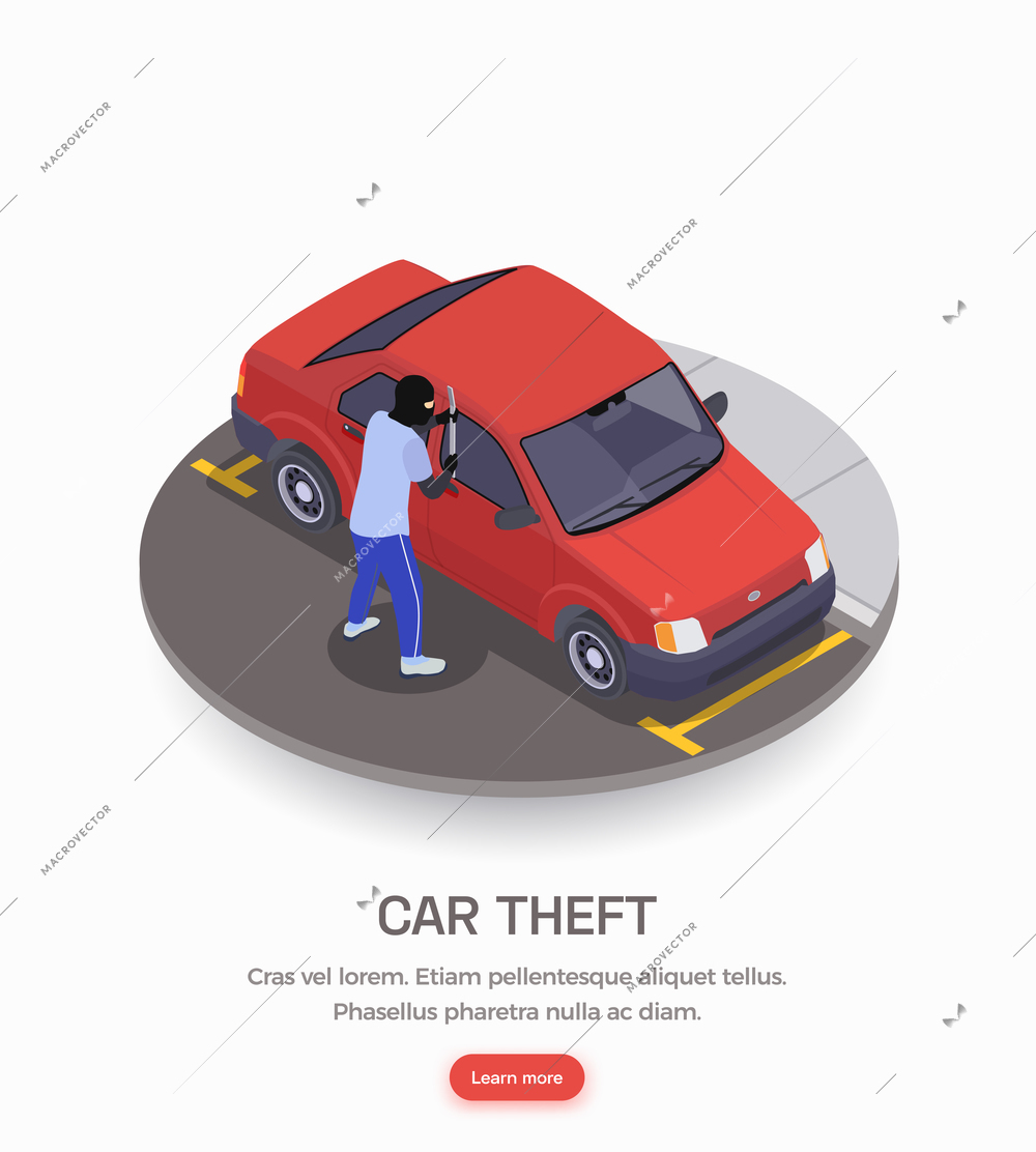 Gangster wearing black mask committing car theft crime 3d isometric vector illustration