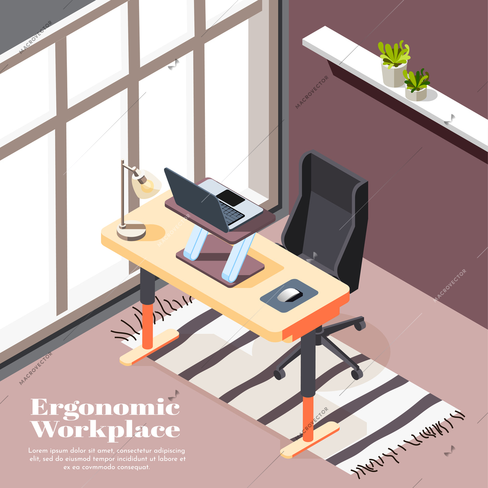 Ergonomic workplace isometric background with desk for laptop and office chairs with casters vector illustration