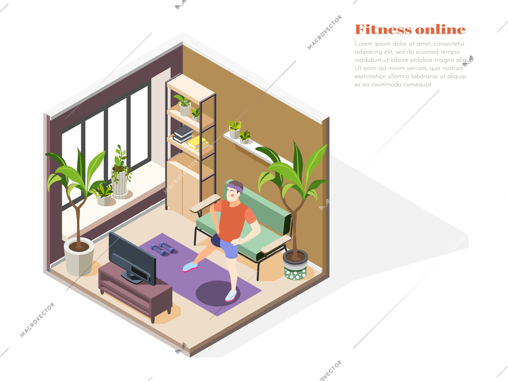 Fitness online isometric composition with man practicing sport exercises together with fitness instructor on TV screen vector illustration