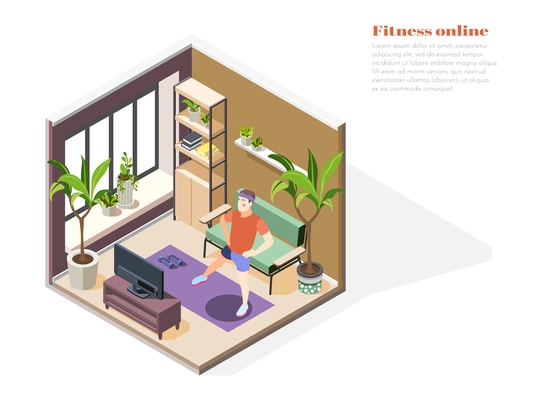 Fitness online isometric composition with man practicing sport exercises together with fitness instructor on TV screen vector illustration