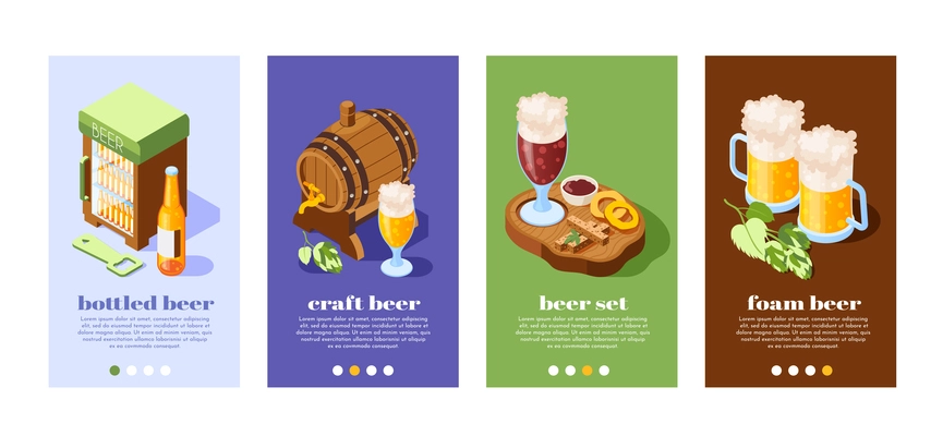 Beer pub 4 isometric banners set with oak barrel bottles glasses with foam on top vector illustration