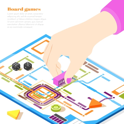 Board games isometric design concept with woman hand moving chip on playing field vector illustration
