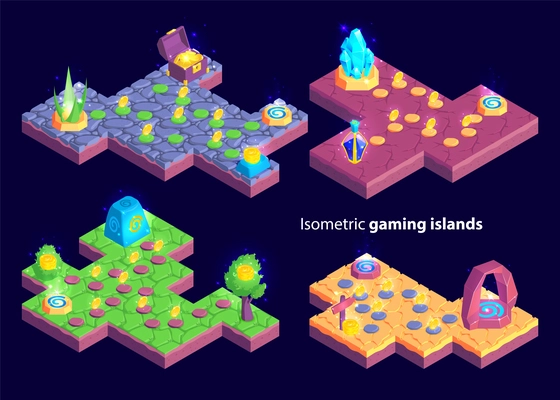 Isometric set of four isolated gaming levels with island shaped maps and plants with treasure goods vector illustration