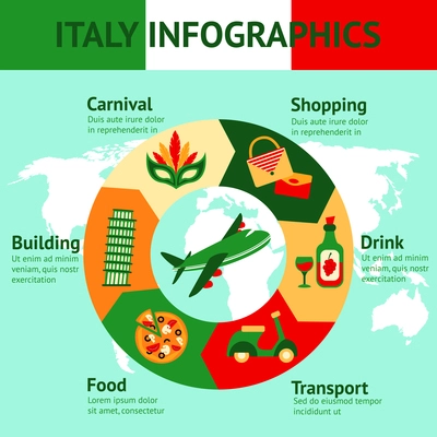 Italy travel carnival shopping drink transport food building infographics vector illustration