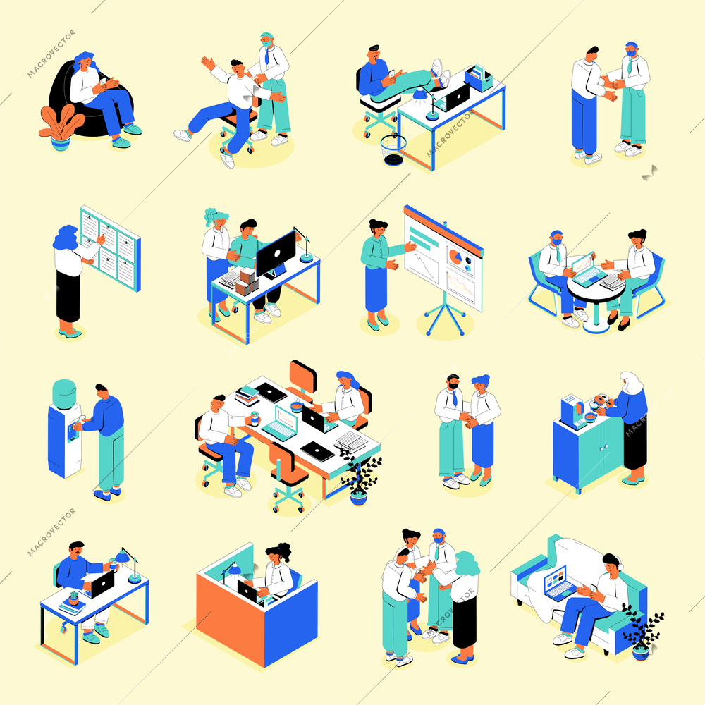 Business people workplace isometric set with task management effective teamwork presentation meeting communication coffee break vector illustration