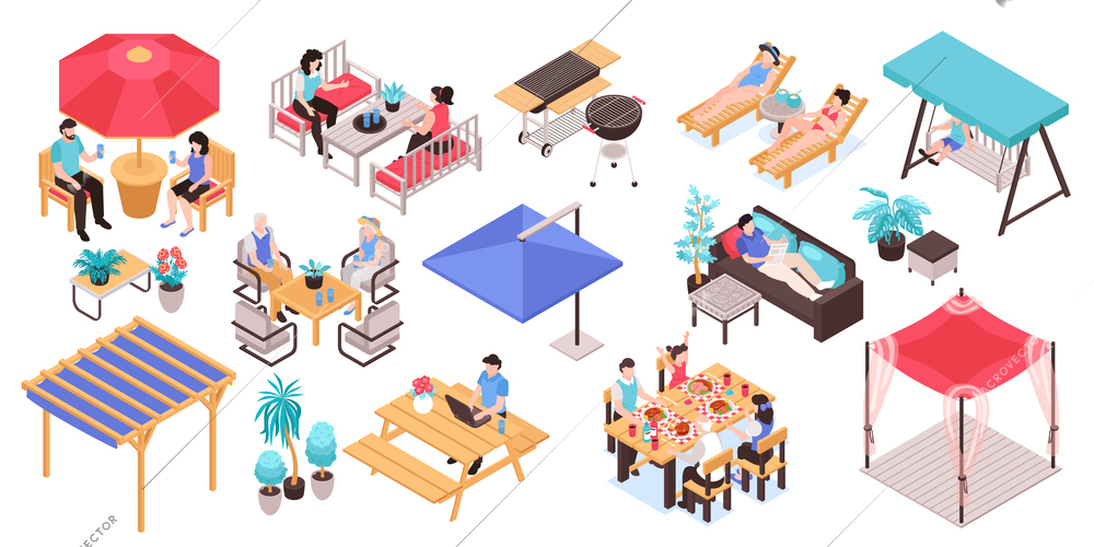 Isometric garden furniture set with isolated icons human characters and patio furniture images on blank background vector illustration