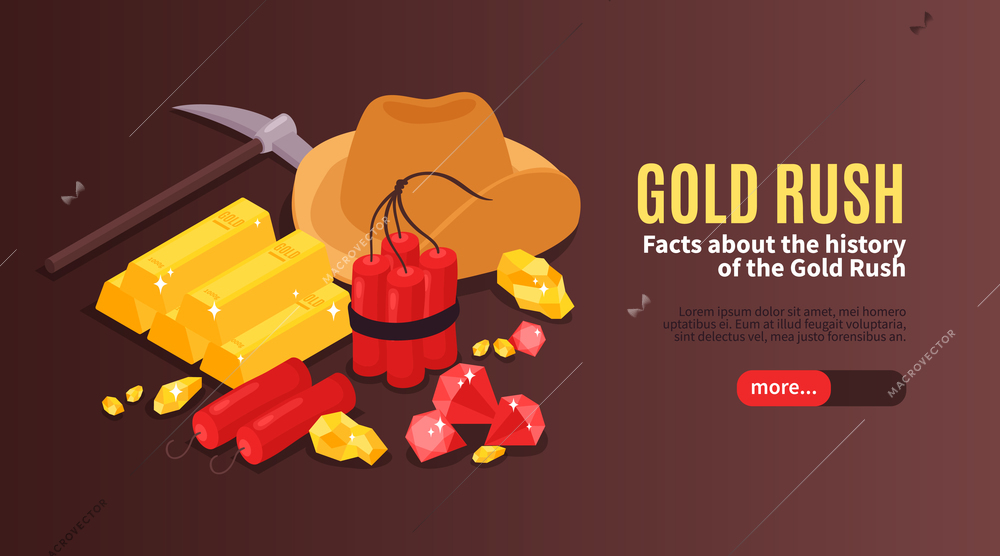 Isometric gold mining horizontal banner with images of vintage equipment explosives and gold bars with text vector illustration