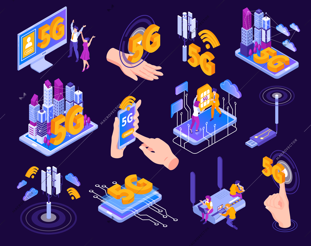 Isometric 5g internet set of isolated pictogram icons and images of electronic gadgets and network infrastructure vector illustration