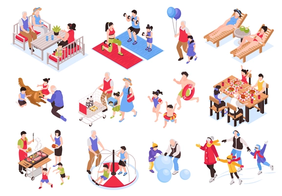 Isometric generation family set with isolated human characters of relatives of different age during various activities vector illustration