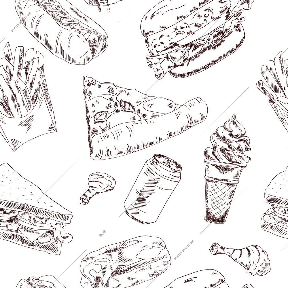 Decorative fast food chains restaurants service point pizza hotdog wrap paper seamless pattern doodle sketch vector illustration