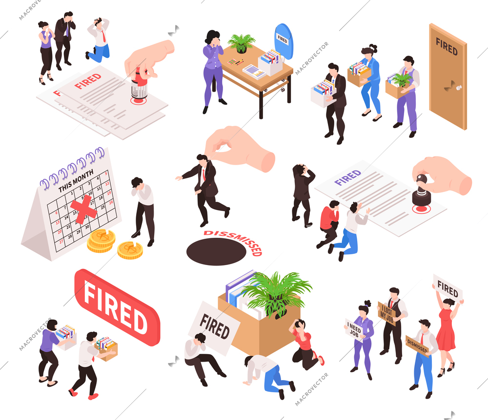 Isometric dismissal fired need job set of isolated icons and human characters of workers with goods vector illustration