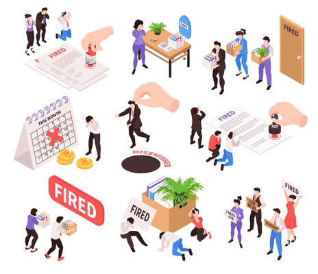 Isometric dismissal fired need job set of isolated icons and human characters of workers with goods vector illustration