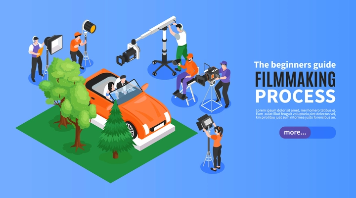 Isometric cinematography horizontal banner with film set elements shooting crew and editable text with more button vector illustration
