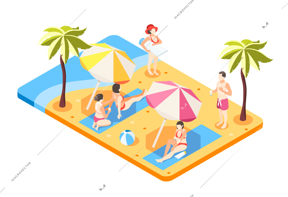 Sunscreen isometric composition with view of sandy beach with palms umbrellas and people applying sunblock creams vector illustration