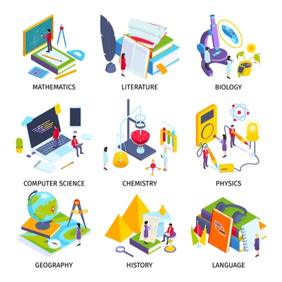 School subjects isometric set with physics lab computer science language history geography chemistry biology mathematics vector illustration